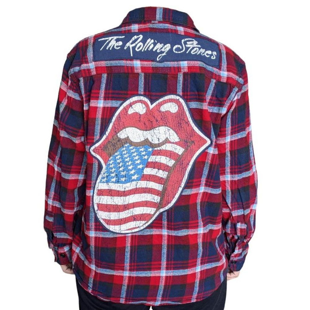 Rolling Stones Band Red Blue Custom Upcycled Flannel Button Down Sz Men's XL